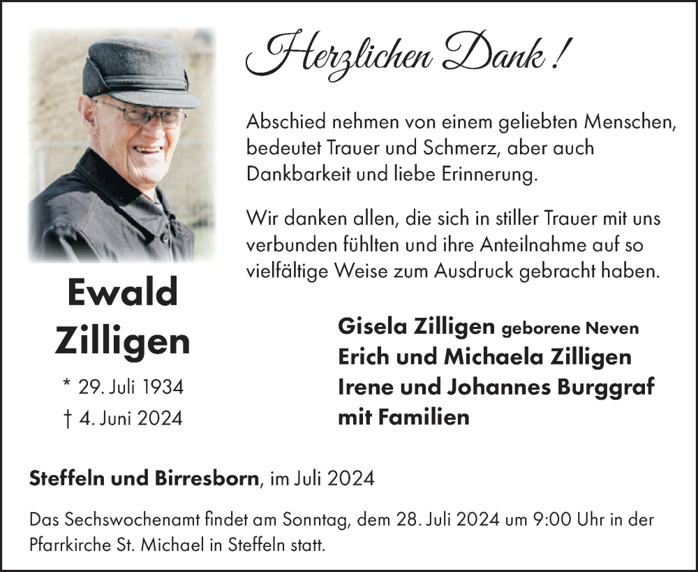  Traueranzeige für Ewald Zilligen vom 20.07.2024 aus WochenSpiegel