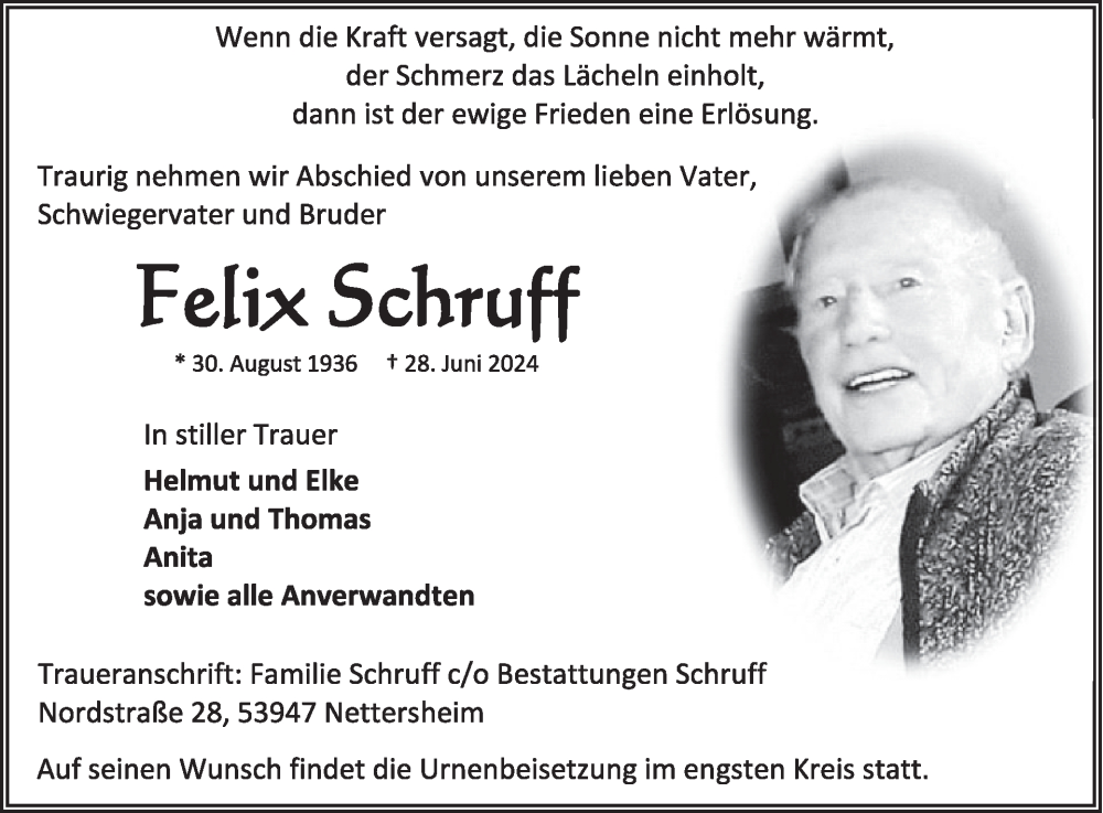  Traueranzeige für Felix Schruff vom 10.07.2024 aus WochenSpiegel
