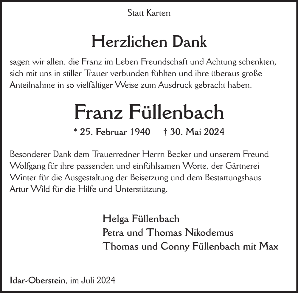  Traueranzeige für Franz Füllenbach vom 13.07.2024 aus WochenSpiegel