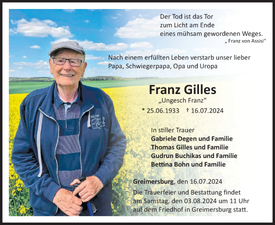 Traueranzeige von Franz Gilles von WochenSpiegel