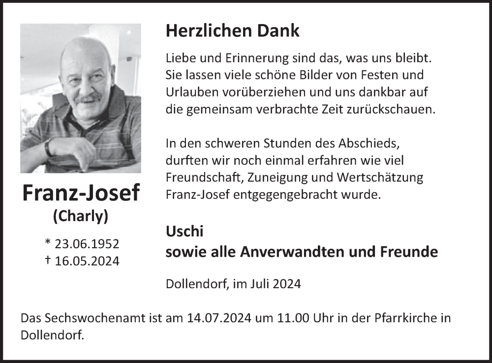  Traueranzeige für Franz-Josef Junker vom 06.07.2024 aus WochenSpiegel