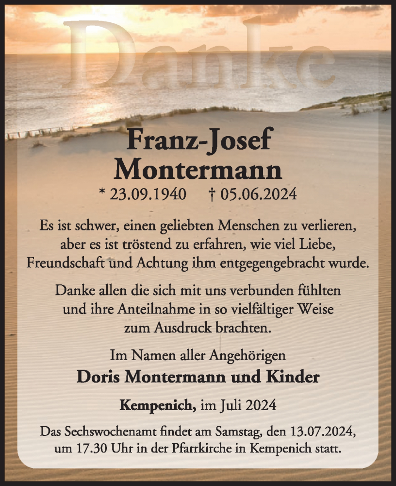  Traueranzeige für Franz-Josef Montermann vom 03.07.2024 aus WochenSpiegel