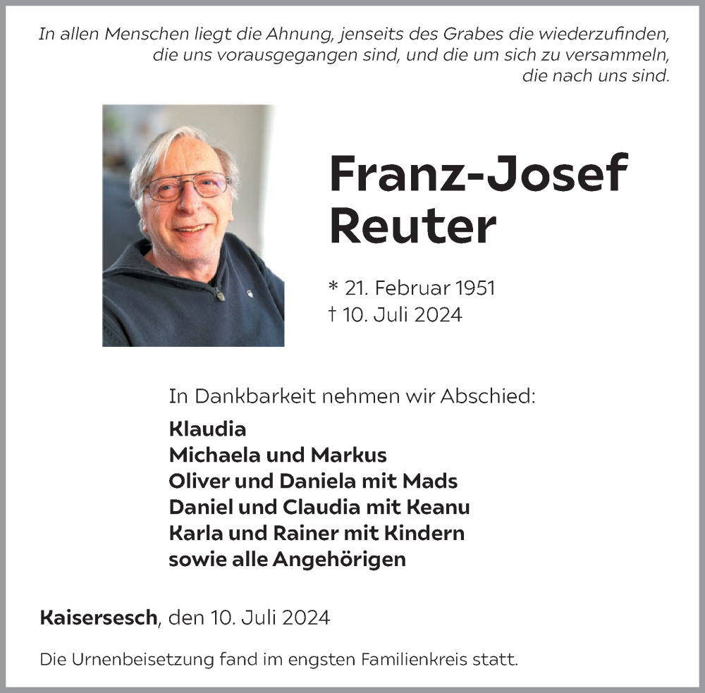  Traueranzeige für Franz-Josef Reuter vom 31.07.2024 aus WochenSpiegel
