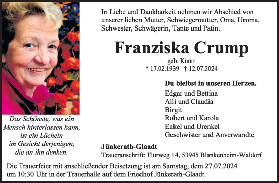 Traueranzeige von Franziska Crump von WochenSpiegel
