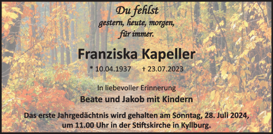 Traueranzeige von Franziska Kapeller von WochenSpiegel