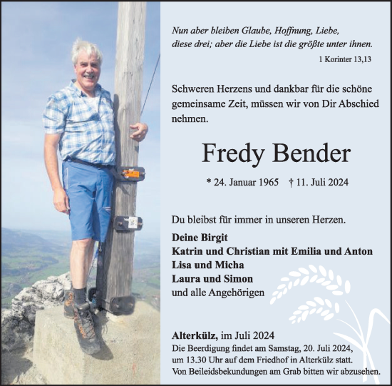 Traueranzeige von Fredy Bender von WochenSpiegel