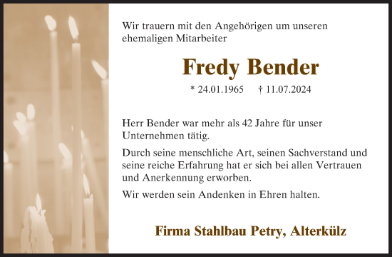 Traueranzeige von Fredy Bender von WochenSpiegel
