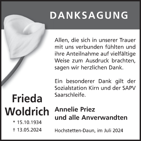 Traueranzeige von Frieda Woldrich von WochenSpiegel