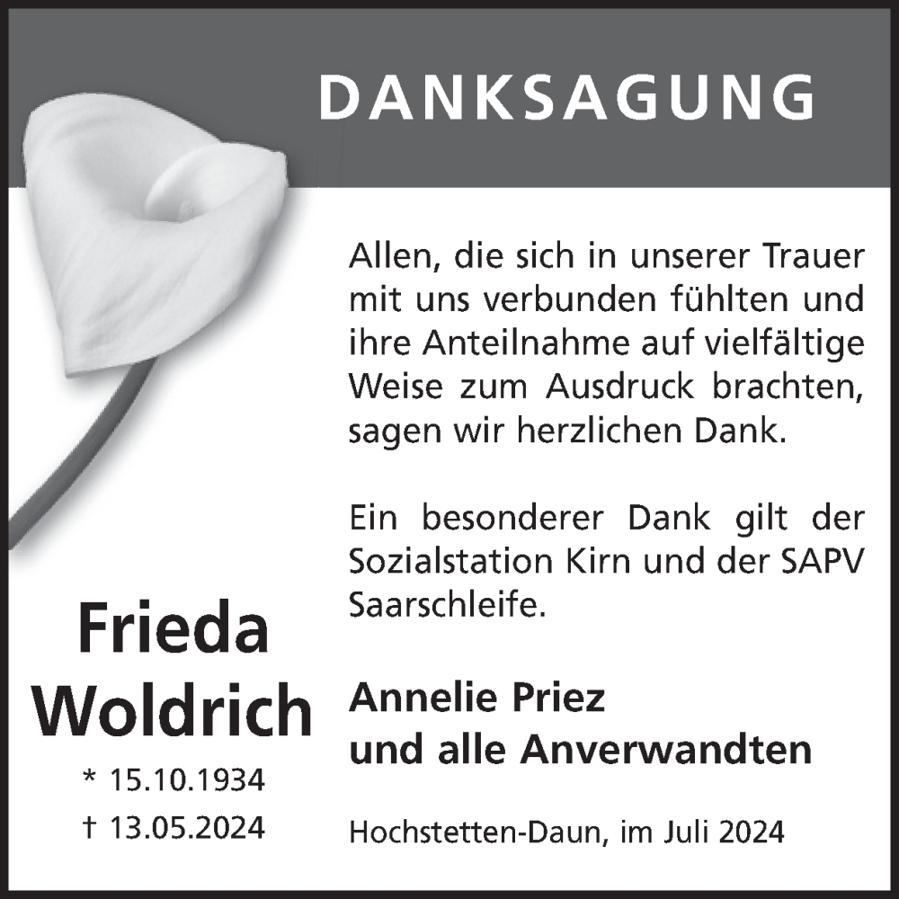  Traueranzeige für Frieda Woldrich vom 06.07.2024 aus WochenSpiegel