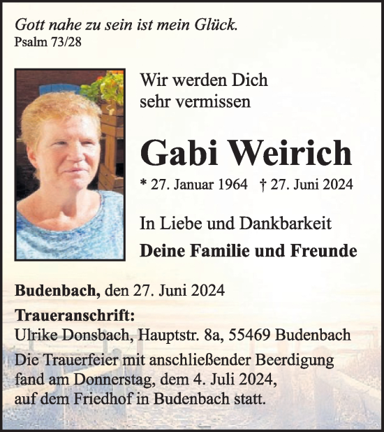 Traueranzeige von Gabi Weirich von WochenSpiegel