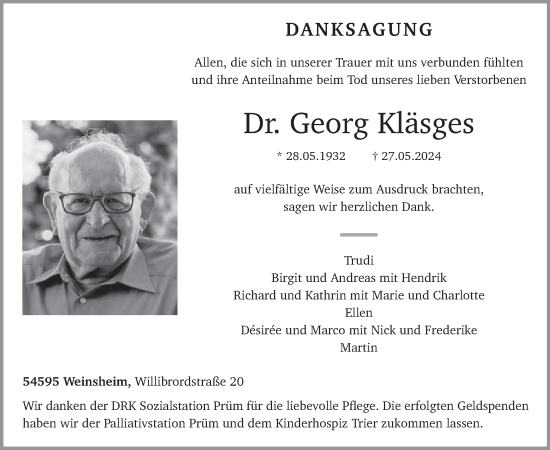 Traueranzeige von Georg Kläsges von WochenSpiegel