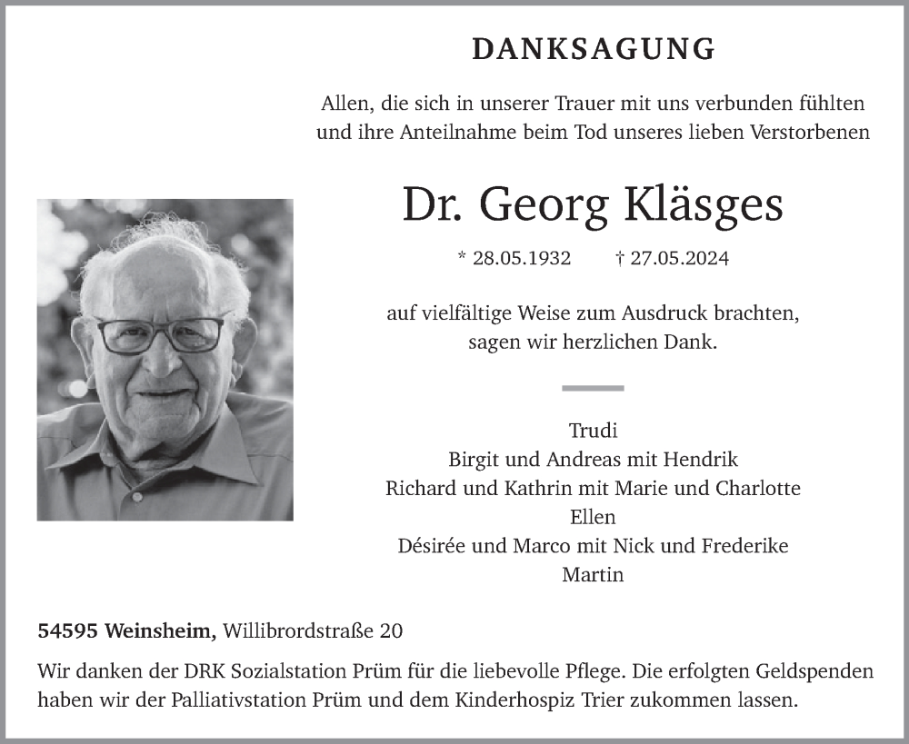  Traueranzeige für Georg Kläsges vom 05.07.2024 aus WochenSpiegel