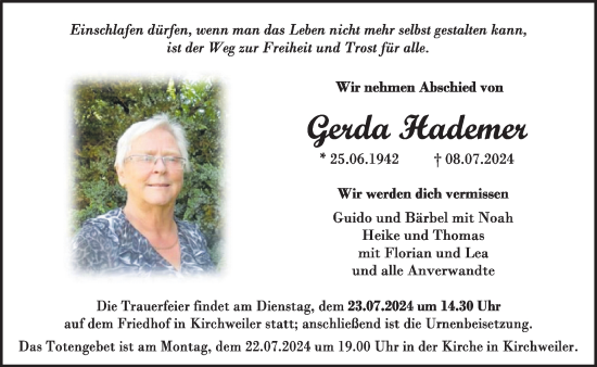 Traueranzeige von Gerda Hademer von WochenSpiegel