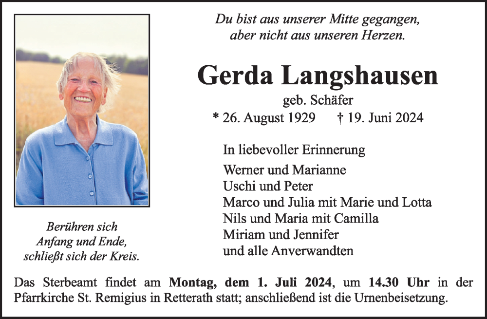  Traueranzeige für Gerda Langshausen vom 29.06.2024 aus WochenSpiegel