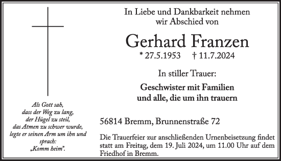 Traueranzeige von Gerhard Franzen von WochenSpiegel