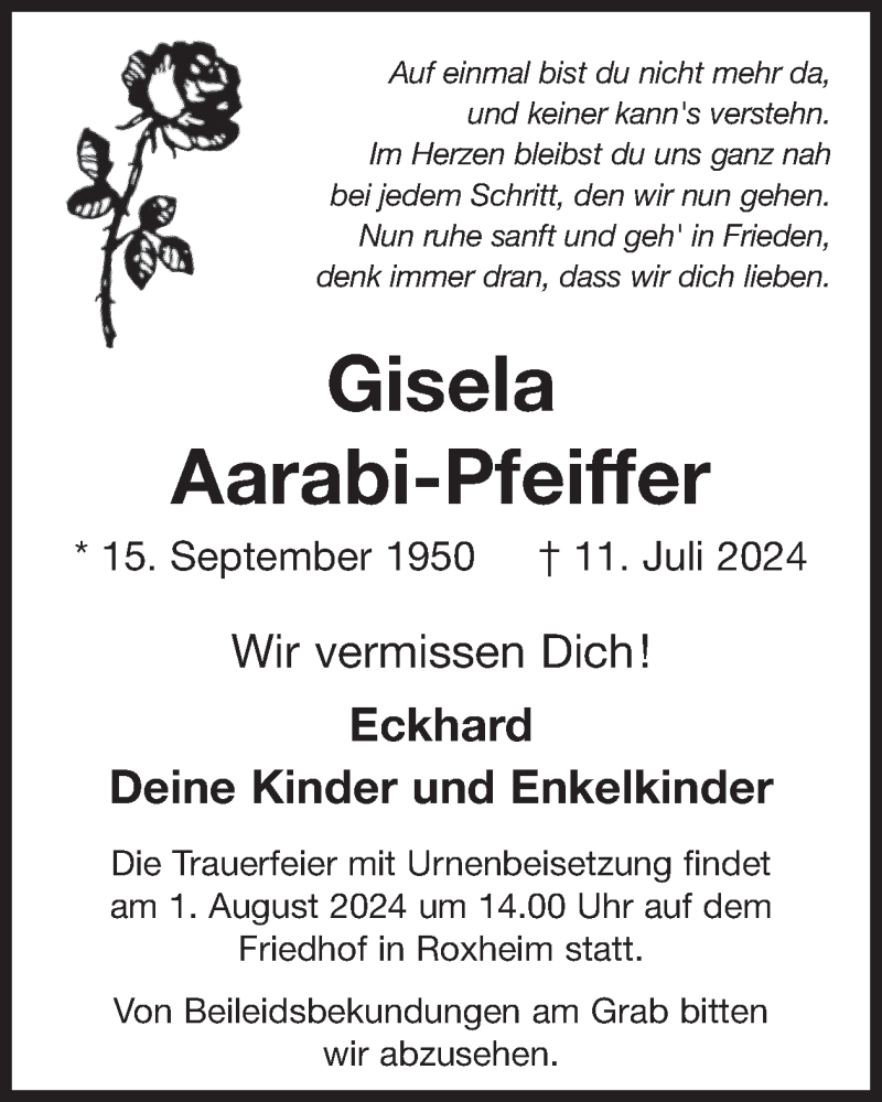  Traueranzeige für Gisela Aarabi-Pfeiffer vom 27.07.2024 aus WochenSpiegel