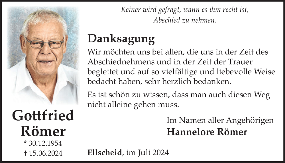  Traueranzeige für Gottfried Römer vom 20.07.2024 aus WochenSpiegel