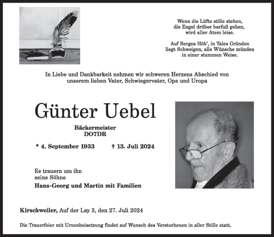 Traueranzeige von Günter Uebel von WochenSpiegel