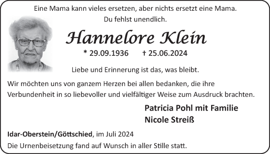 Traueranzeige von Hannelore Klein von WochenSpiegel