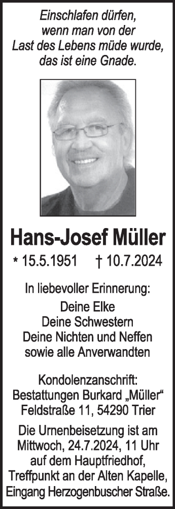 Traueranzeige von Hans-Josef Müller von WochenSpiegel