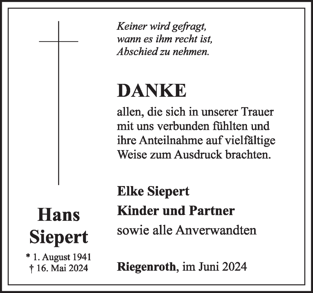  Traueranzeige für Hans Siepert vom 06.07.2024 aus WochenSpiegel