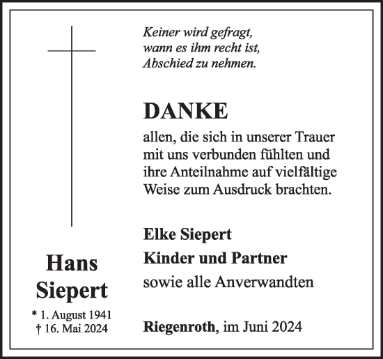 Traueranzeige von Hans Siepert von WochenSpiegel