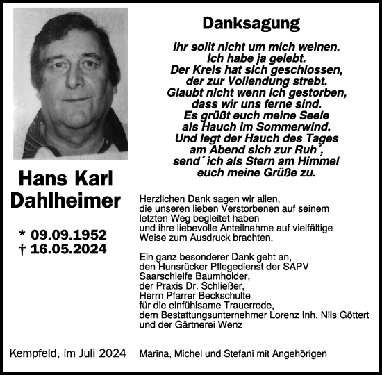 Traueranzeige von Hans Karl Dahlheimer von WochenSpiegel