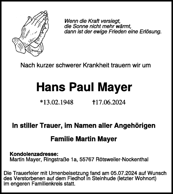 Traueranzeige von Hans Paul Mayer von WochenSpiegel