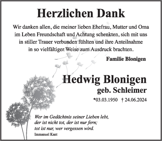Traueranzeige von Hedwig Blonigen von WochenSpiegel