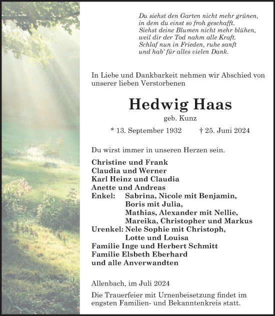 Traueranzeige von Hedwig Haas von WochenSpiegel