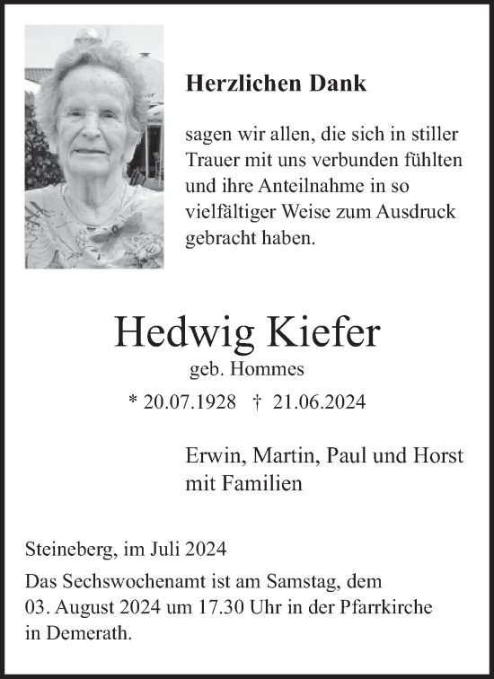 Traueranzeige von Hedwig Kiefer von WochenSpiegel