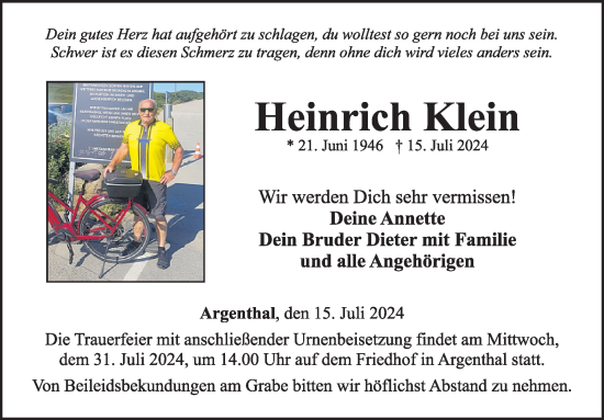 Traueranzeige von Heinrich Klein von WochenSpiegel