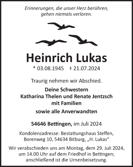 Traueranzeige von Heinrich Lukas von WochenSpiegel