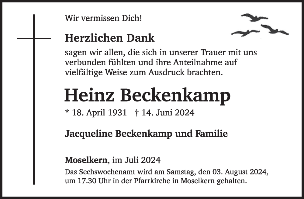  Traueranzeige für Heinz Beckenkamp vom 17.07.2024 aus WochenSpiegel