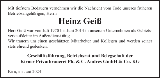 Traueranzeige von Heinz Geiß von WochenSpiegel