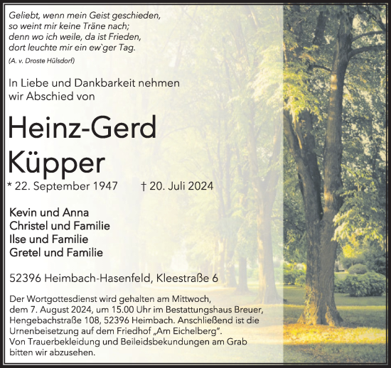 Traueranzeige von Heinz-Gerd Küpper von WochenSpiegel