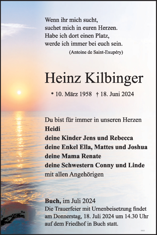 Traueranzeige von Heinz Kilbinger von WochenSpiegel