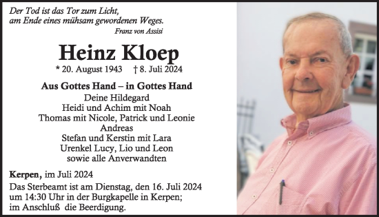Traueranzeige von Heinz Kloep von WochenSpiegel