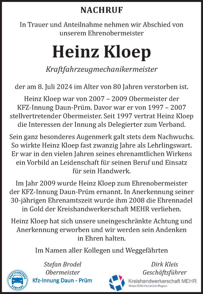  Traueranzeige für Heinz Kloep vom 13.07.2024 aus WochenSpiegel