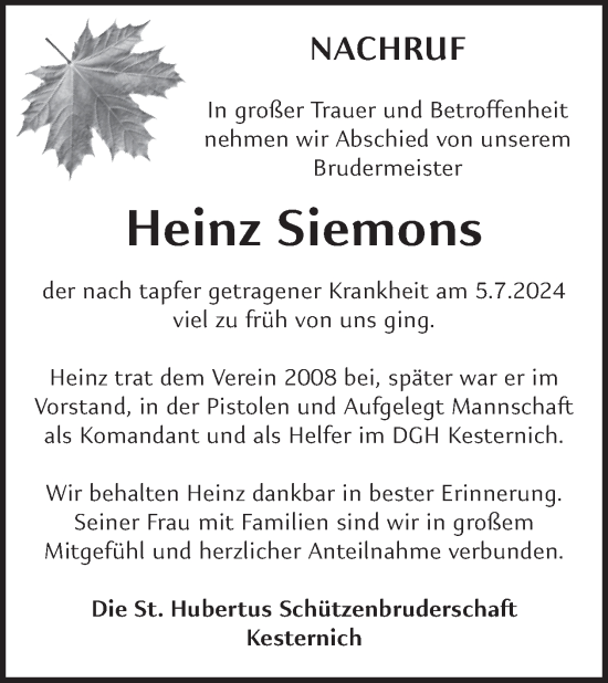 Traueranzeige von Heinz Siemons von WochenSpiegel