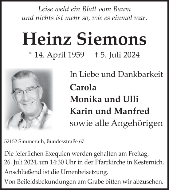 Traueranzeige von Heinz Siemons von WochenSpiegel
