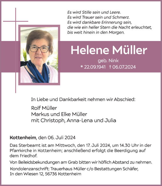 Traueranzeige von Helene Müller von WochenSpiegel