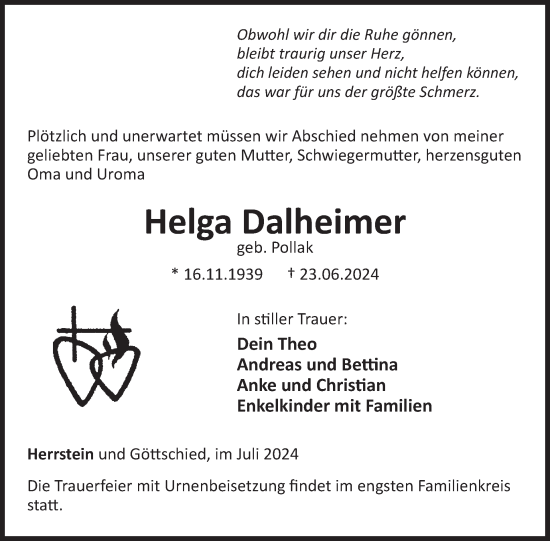 Traueranzeige von Helga Dalheimer von WochenSpiegel