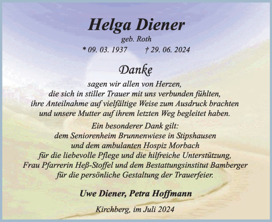 Traueranzeige von Helga Diener von WochenSpiegel