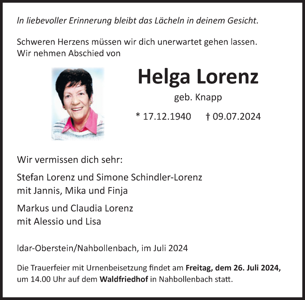  Traueranzeige für Helga Lorenz vom 20.07.2024 aus WochenSpiegel