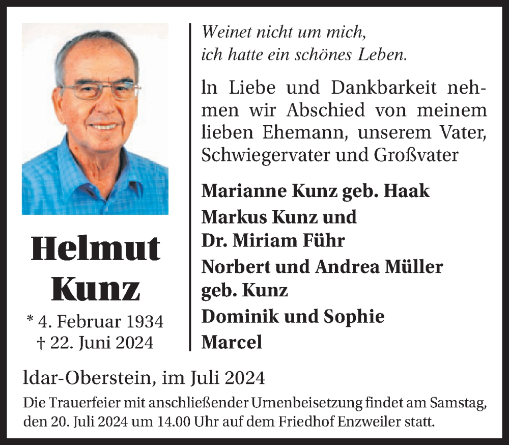  Traueranzeige für Helmut Kunz vom 06.07.2024 aus WochenSpiegel