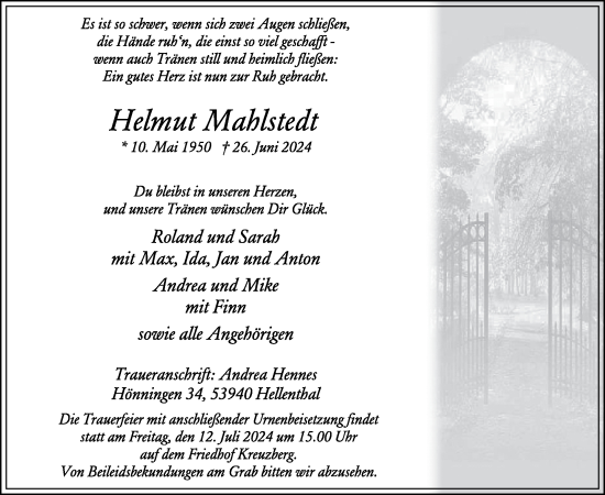 Traueranzeige von Helmut Mahlstedt von WochenSpiegel