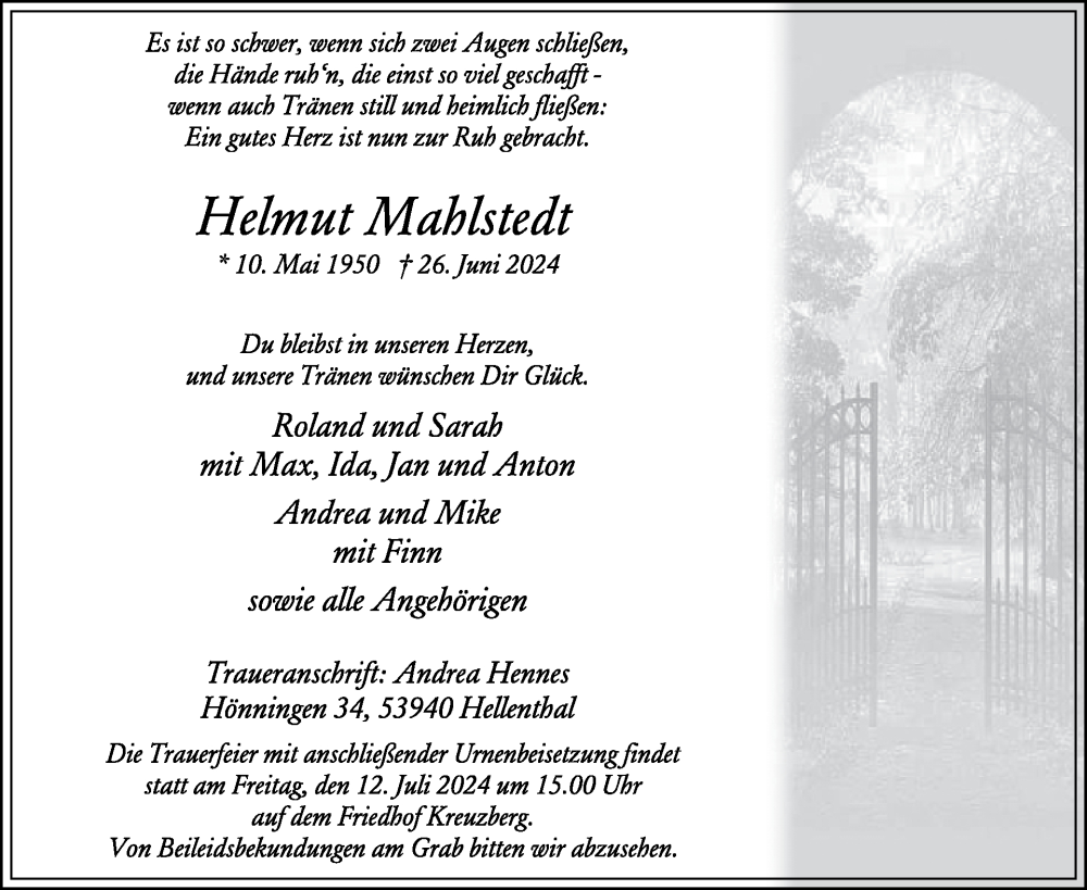  Traueranzeige für Helmut Mahlstedt vom 03.07.2024 aus WochenSpiegel