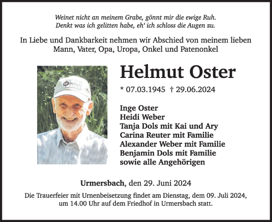 Traueranzeige von Helmut Oster von WochenSpiegel