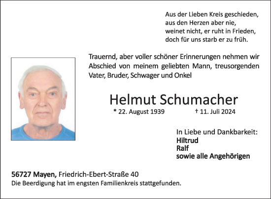 Traueranzeige von Helmut Schumacher von WochenSpiegel